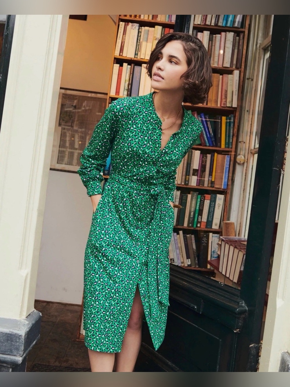 Boden Julia Green Tambourine Animal Print Jersey Shirt Dress Size 6L